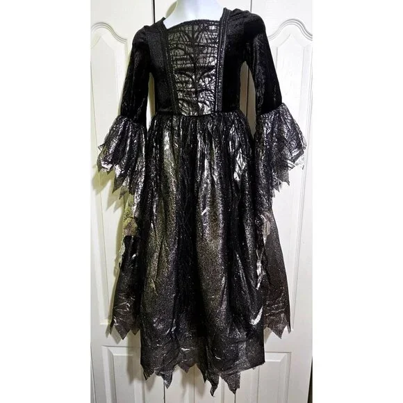 Gothic Witch Costume Girls 8-10 Dress Hat Veil Dark Bride Velvet Lace Halloween - Picture 3 of 7